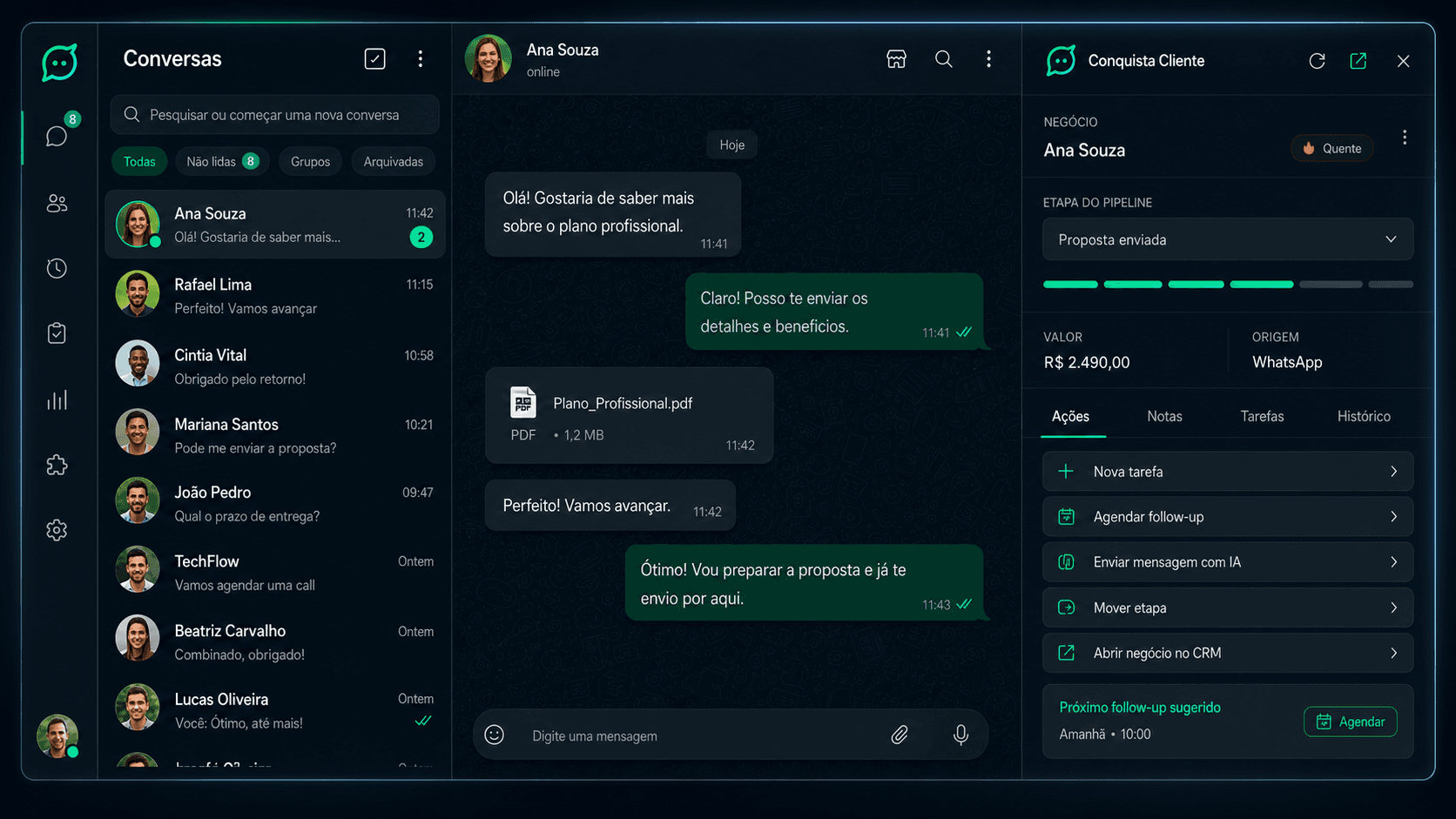 Interface do Conquista Cliente integrada ao WhatsApp Web